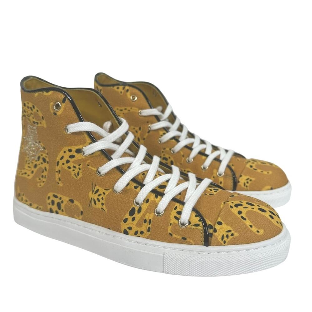NEW Charlotte Olympia Feline Cat Print Lace Up Canvas High Top Sneakers 36.5